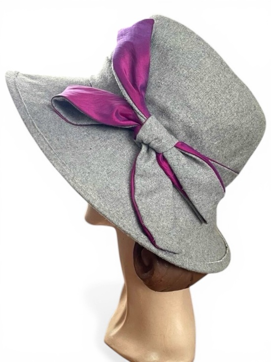 Kate Landry Accessories - Kate Landry Grey 100% Wool Hat Wide Brim Cloche Purple Satin Ribbon ✨READ✨